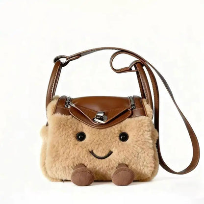 Cute Plush Doll Tote Bag – Large Capacity Kawaii Shoulder Bag Brown