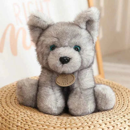 Plush Dog Husky Wolf Cub Stuffed Animal Soft Cuddly Realistic Lifelike Creative Brown Gray White Gift Kids Collectors LOVE Tag