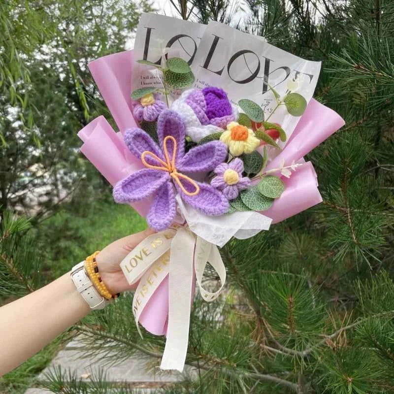 Finished Crochet Flower Bouquet (12.6-15.7 in) - Handmade Roses/Sunflowers/Carnations Gift