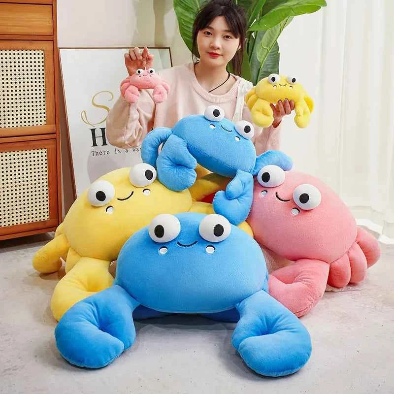 Kawaii Big Eyes Crab Plush Toy – Soft Stuffed Ocean Animal in Yellow, Pink & Blue (28–70cm)
