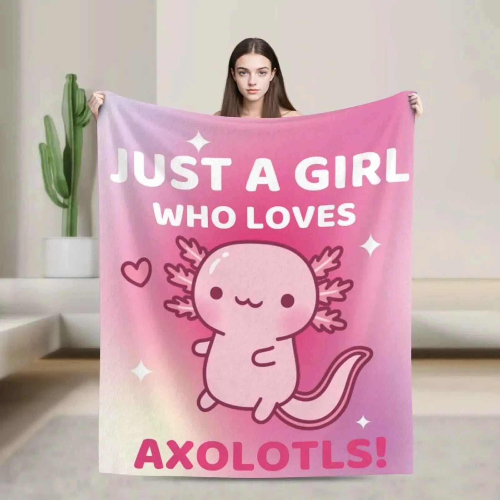 Kawaii Axolotl Animals Pink Print Flannel Blanke, Just A Girl Who Loves Axolotls, Multipurpose Living Room Sofa Outdoor Beach