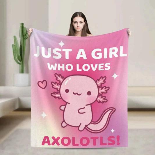 Kawaii Axolotl Animals Pink Print Flannel Blanke, Just A Girl Who Loves Axolotls, Multipurpose Living Room Sofa Outdoor Beach