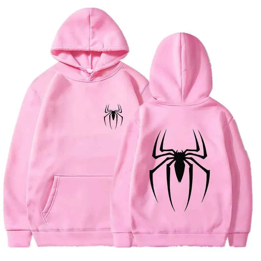 Mens Y2K Spider Print Hooded Streetwear Retro Clothing Loose Hip Hop Quirky Punk Sweatshirt Fashion Couple Sports Sweater