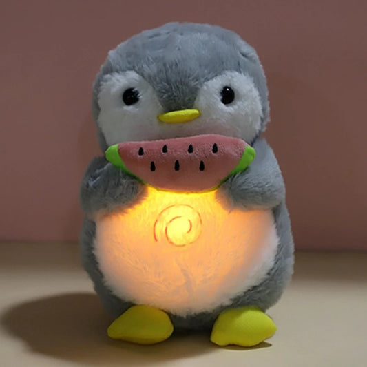Watermelon Penguin Breathing Plush Toy – Music & Light Companion