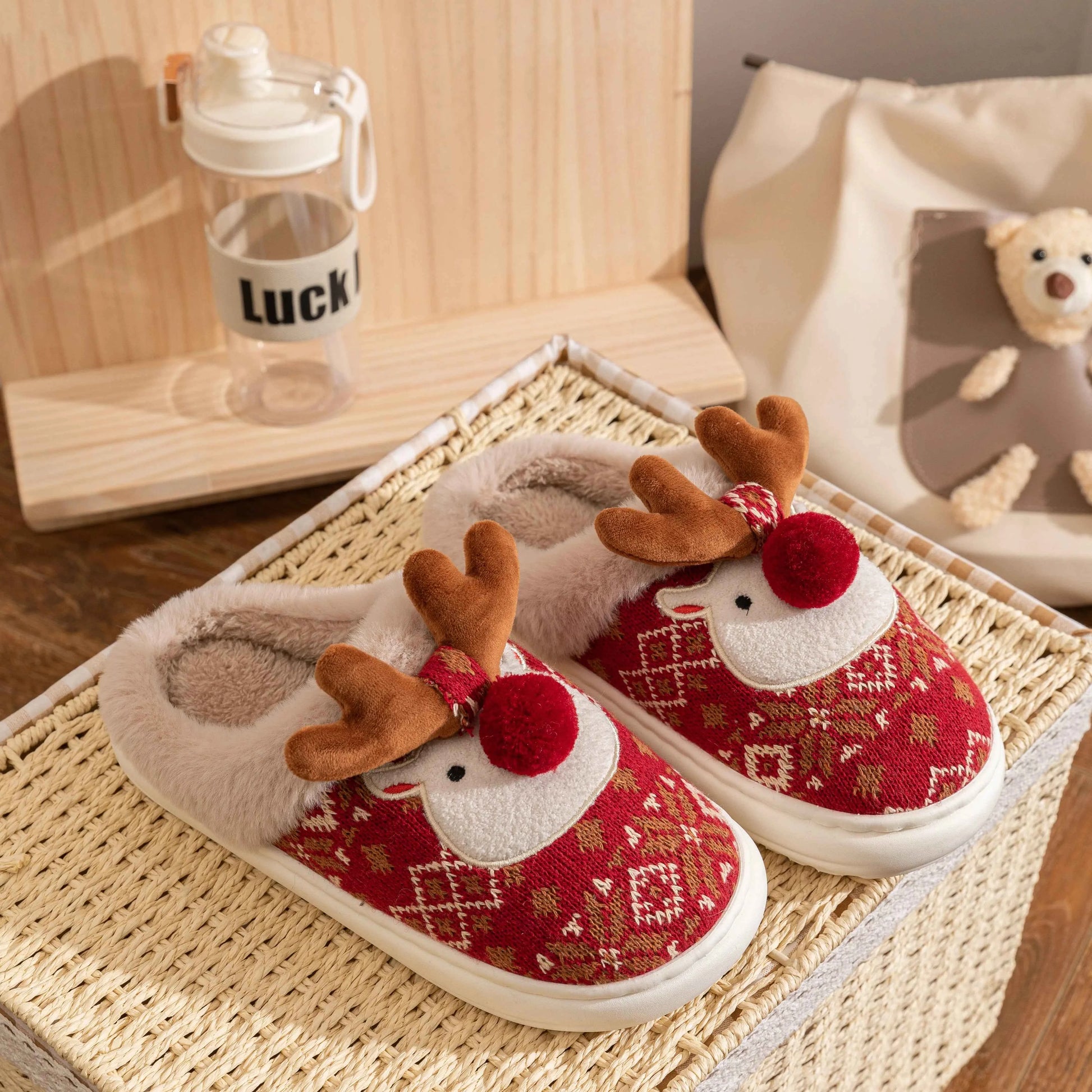 Lovely Christmas Deer Cotton Slippers - Women's Warm Non-Slip Indoor House Shoes