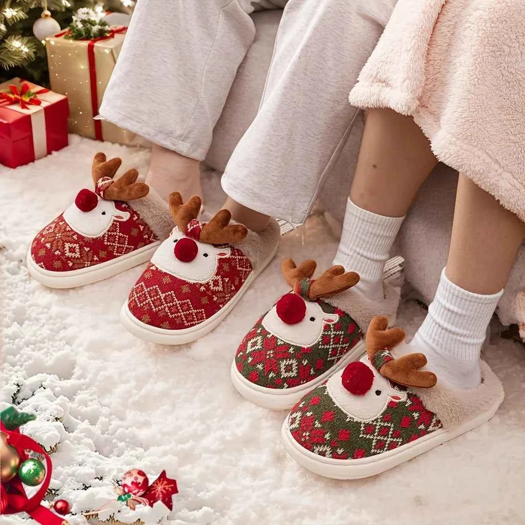 Cute Christmas Reindeer Slippers - Fleece-Lined Warm Indoor Fashion Slip-Ons