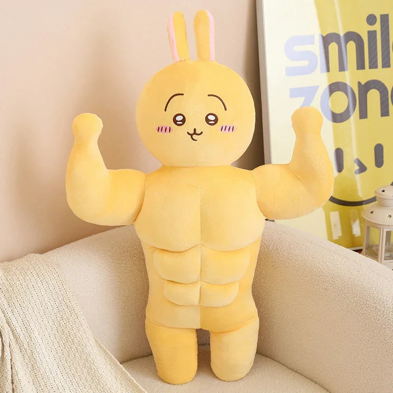 Kawaii Muscular Chiikawa Plush Pillow - Funny Buff Hachiware Usagi Stuffed Anime Doll and Fan Gift, 3 Characters and 2 Sizes Yellow