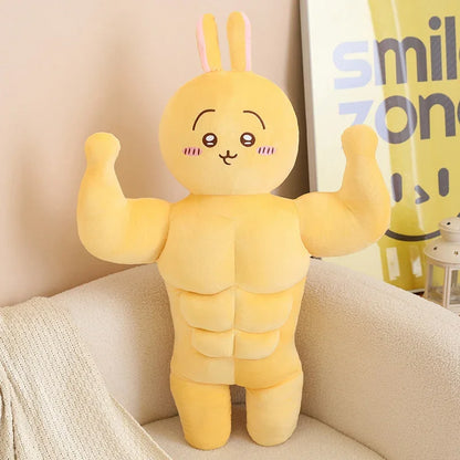 Kawaii Muscular Chiikawa Plush Pillow - Funny Buff Hachiware Usagi Stuffed Anime Doll and Fan Gift, 3 Characters and 2 Sizes Yellow