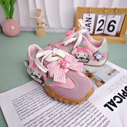 Kawaii Kids' Melody Cartoon Sneakers - Anti-slip PU Leather Shoes with Bow (Pink)