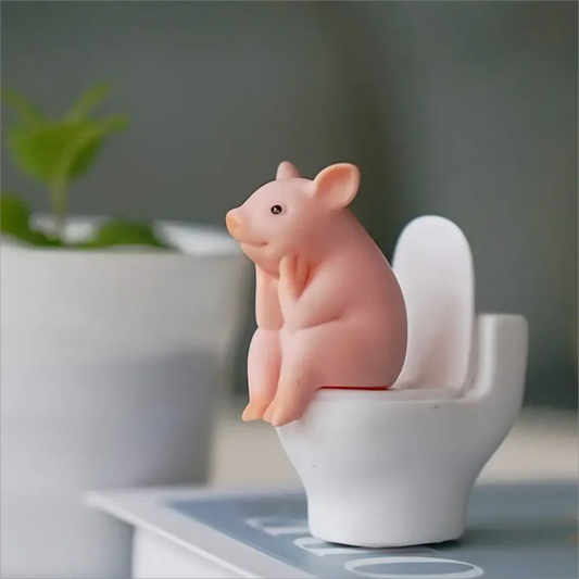 Adorable Pink Pig on Toilet Figurine - Whimsical PVC Decor