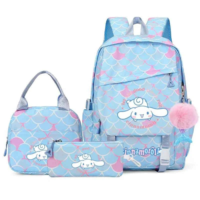 3PCS Cinnamoroll Fish Scale Backpack Set - Mermaid Pendant Lunch School Bag for Girls (17.7 in)