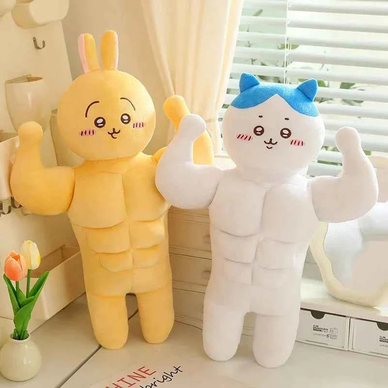 Kawaii Muscular Chiikawa Plush Pillow - Funny Buff Hachiware Usagi Stuffed Anime Doll and Fan Gift, 3 Characters and 2 Sizes
