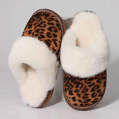Fashion Leopard Fluffy House Slippers - Women's Warm Fur Collar Indoor Flat Sandals