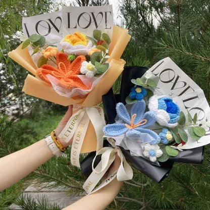 Finished Crochet Flower Bouquet (12.6-15.7 in) - Handmade Roses/Sunflowers/Carnations Gift