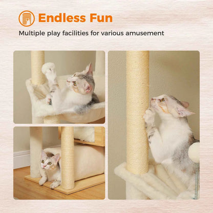 Height Adjustable Wooden Cat Tree Large Hammock Sisal Posts