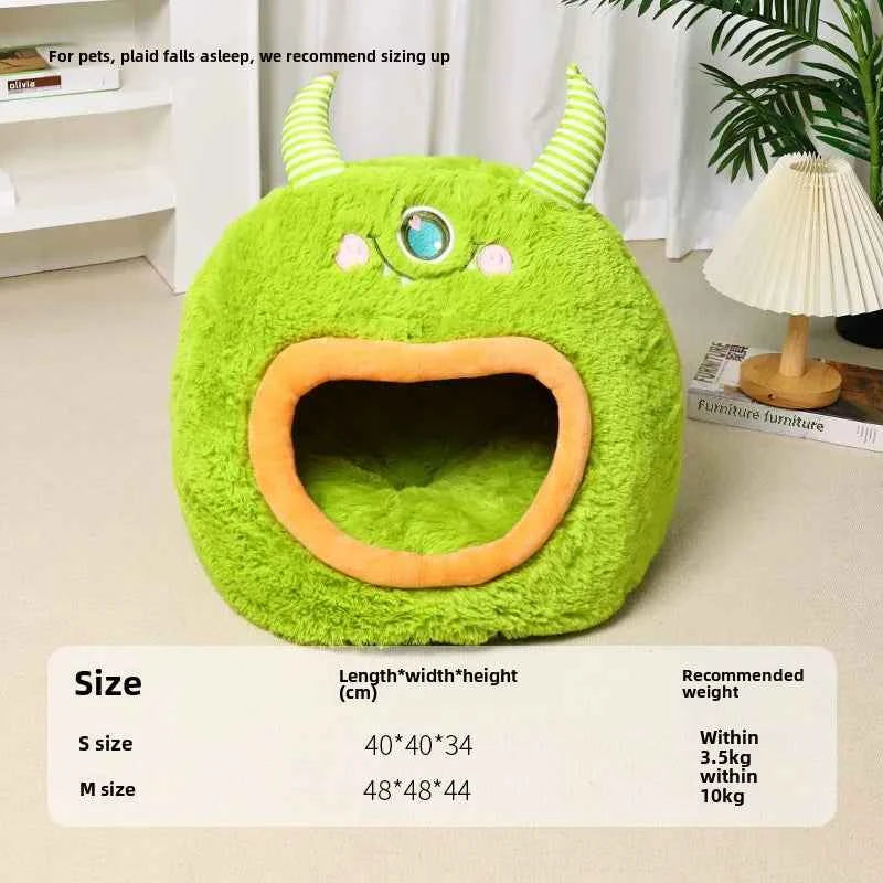 Kawaii Cartoon Monster Pet Bed (Up to 18.9 in) - Fully Enclosed Cat House Winter Warm