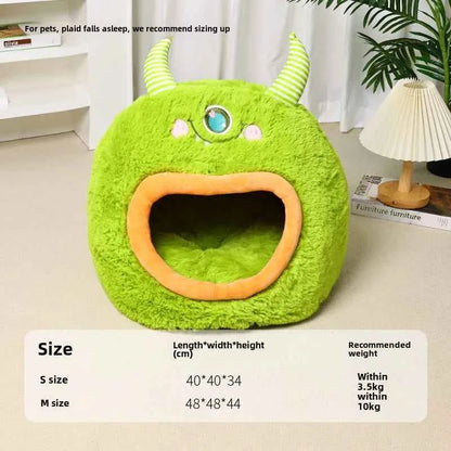 Kawaii Cartoon Monster Pet Bed (Up to 18.9 in) - Fully Enclosed Cat House Winter Warm