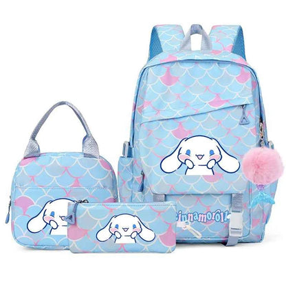 3PCS Cinnamoroll Fish Scale Backpack Set - Mermaid Pendant Lunch School Bag for Girls (17.7 in)