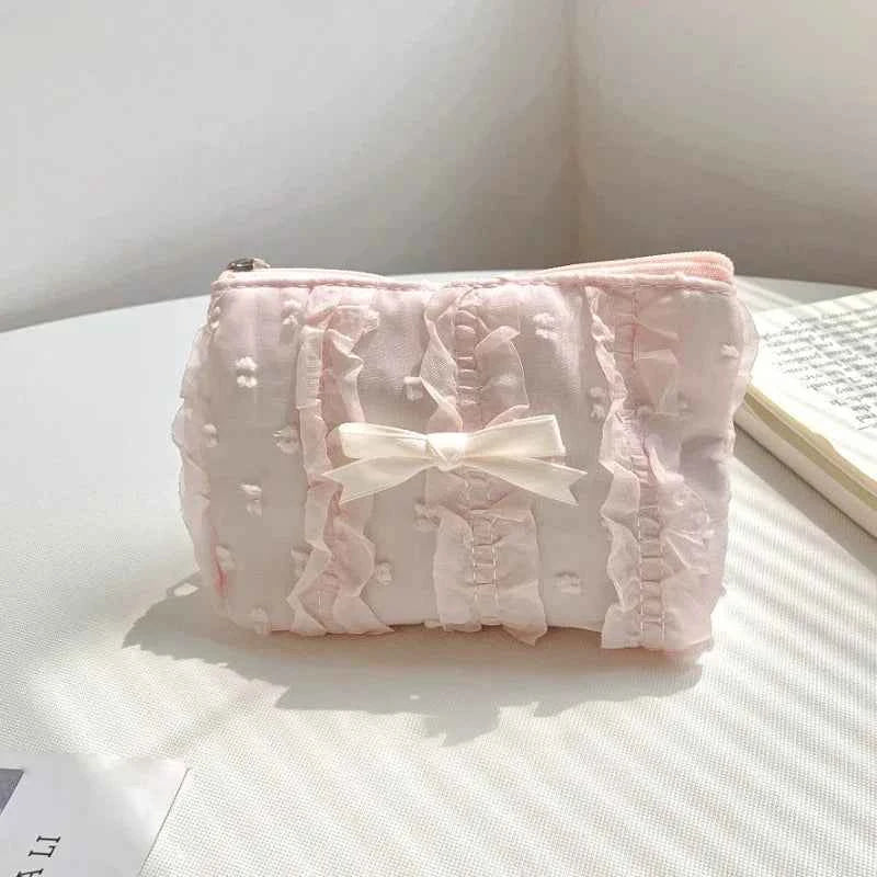 Cute Lace Bow Coin Purse Portable Cosmetic Storage Bag Key Pink
