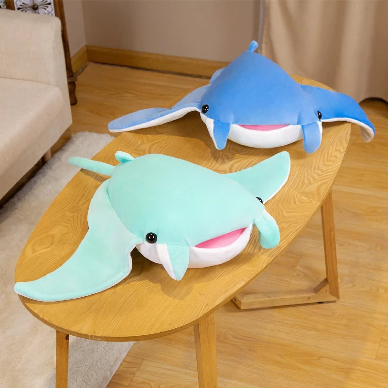 Kawaii Manta Ray Plush Pillow - Soft Stuffed Ocean Cuddle Toy and Gift, 2 Colors and 2 Sizes
