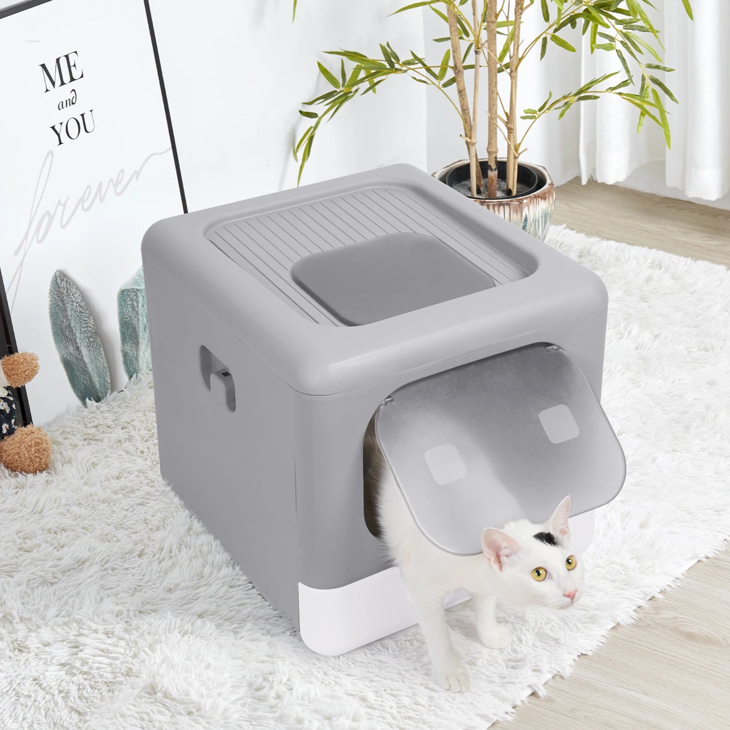 Foldable Enclosed Cat Litter Box with Sifting Tray & Scoop - Top and Front Entry Kitten Toilet