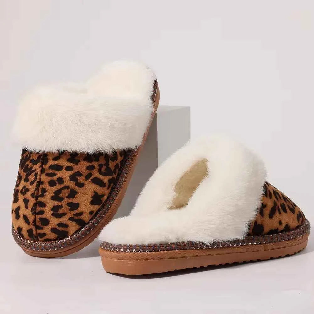 Fashion Leopard Fluffy House Slippers - Women's Warm Fur Collar Indoor Flat Sandals