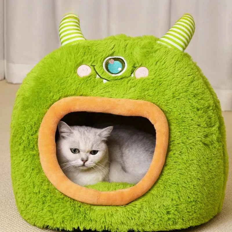 Kawaii Cartoon Monster Pet Bed (Up to 18.9 in) - Fully Enclosed Cat House Winter Warm