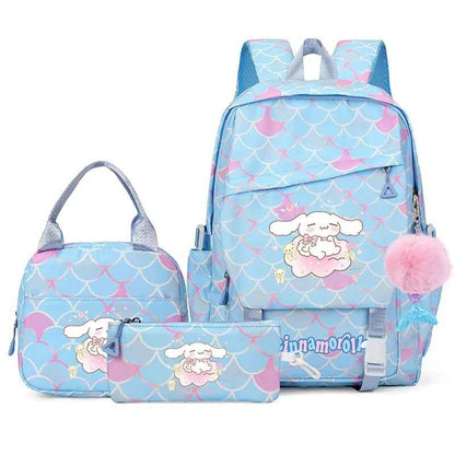 3PCS Cinnamoroll Fish Scale Backpack Set - Mermaid Pendant Lunch School Bag for Girls (17.7 in)