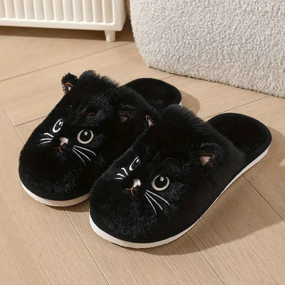 Kawaii Plush Cat Slippers - Women's Warm Winter Indoor Shoes with Soft Non-Slip EVA Sole