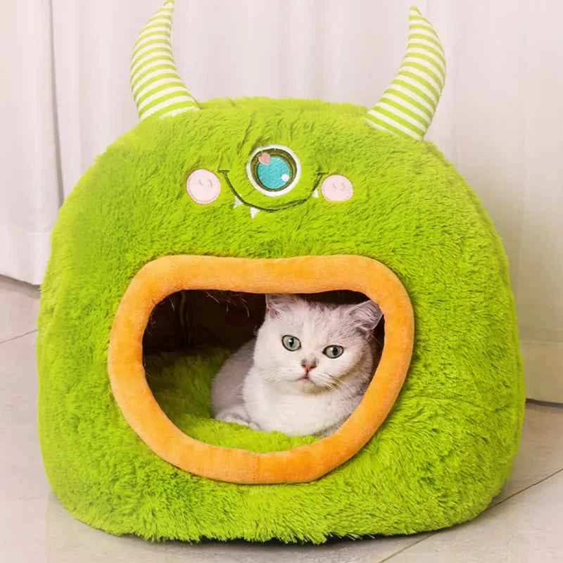 Kawaii Cartoon Monster Pet Bed (Up to 18.9 in) - Fully Enclosed Cat House Winter Warm