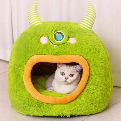 Kawaii Cartoon Monster Pet Bed (Up to 18.9 in) - Fully Enclosed Cat House Winter Warm