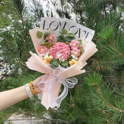 Finished Crochet Flower Bouquet (12.6-15.7 in) - Handmade Roses/Sunflowers/Carnations Gift