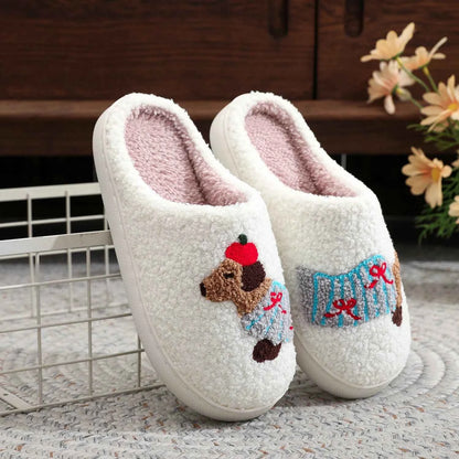 Cute Dachshund Embroidered Plush Slippers - Thick-Soled Warm Non-Slip Indoor Shoes