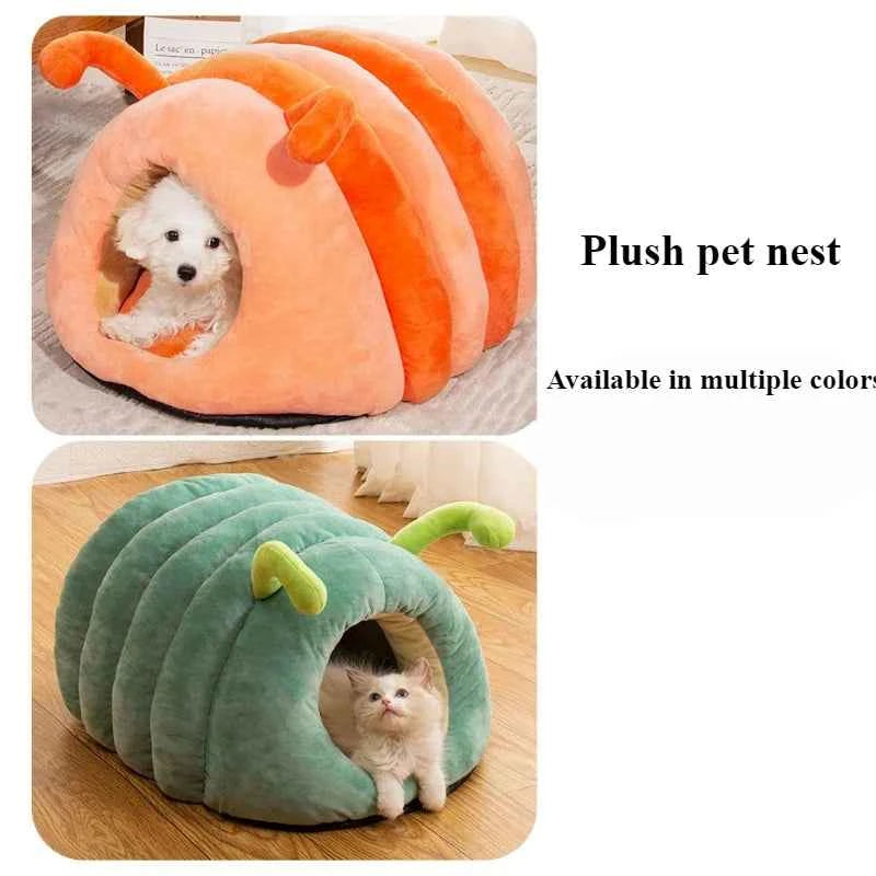 Kawaii Cartoon Caterpillar Pet Bed (Up to 23.6 in) - Warm Soft Plush Cat/Dog House