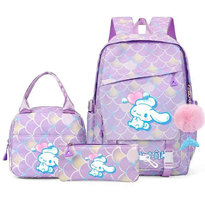 3PCS Cinnamoroll Fish Scale Backpack Set - Mermaid Pendant Lunch School Bag for Girls (17.7 in)