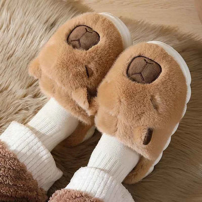 Kawaii Capybara Cotton Slippers - Women's Warm Fur Indoor Slides & Non-Slip Home Shoes