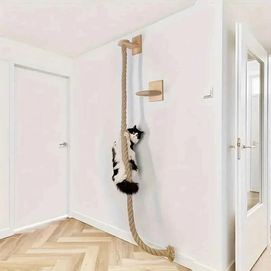 Wall-Mounted Cat Climbing Rope – Solid Wood Pedals & Sisal Scratch Training Toy for Indoor Cats
