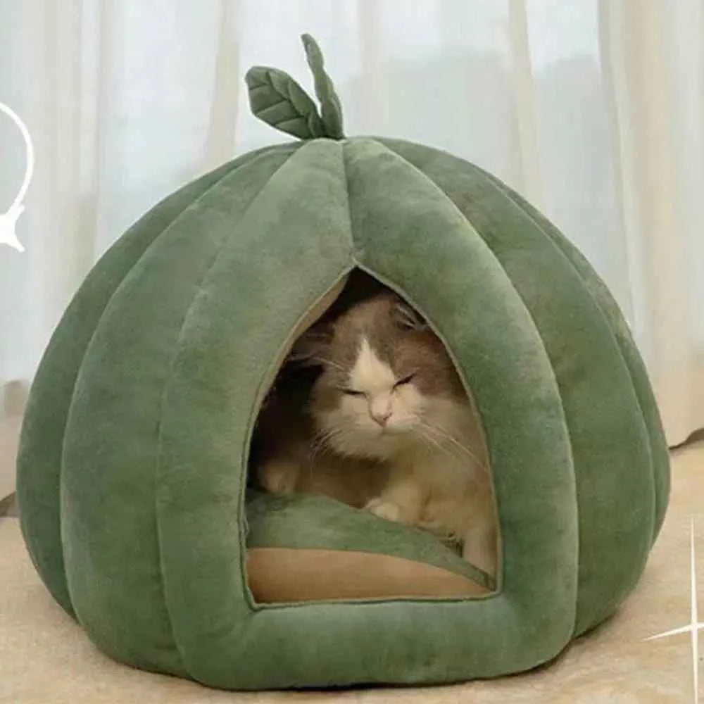 Cute Pumpkin Cat Bed (Up to 19.7 in) - Winter Warm Flannel Kitten Puppy Nest
