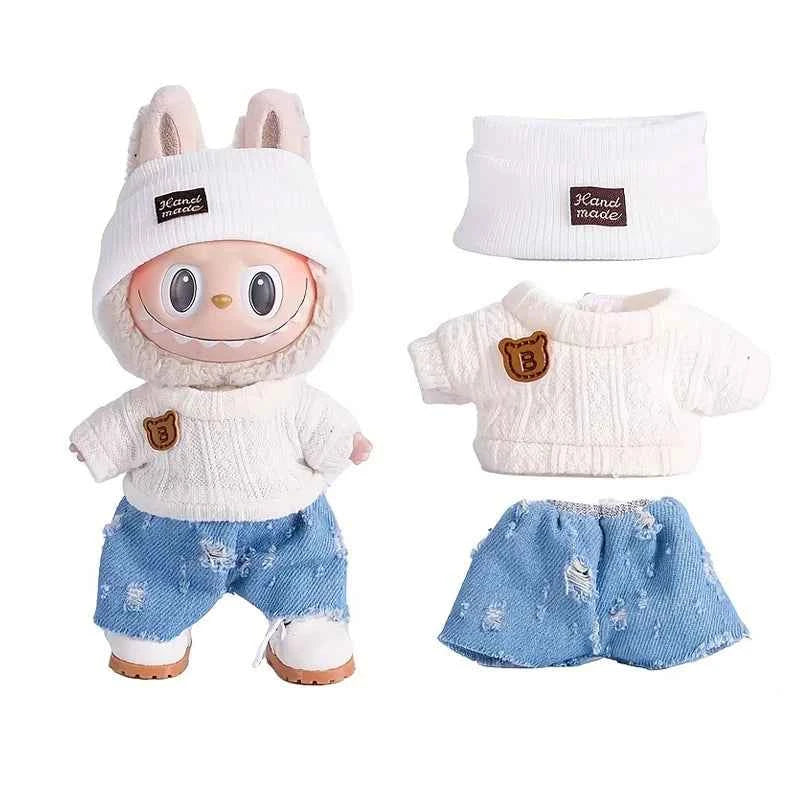 6.69inch Labubu Doll Clothes for buLabu with 3 Outfits - Stylish Fisherman Hat & Sweaters & Pants or skirt Set for 6.69inch Doll