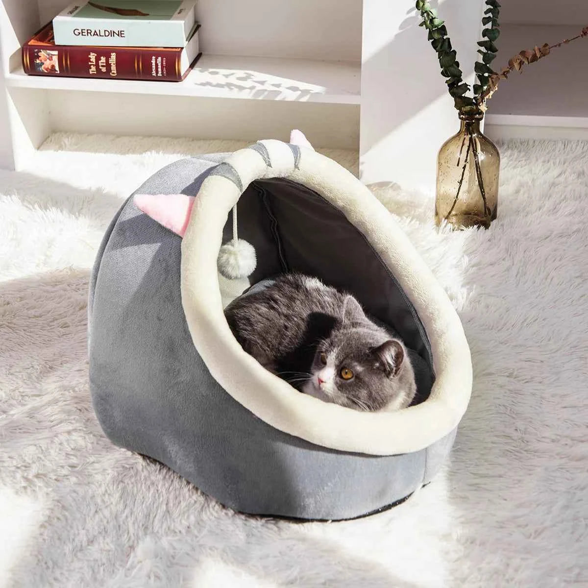 Snoozify Calming Cat/Dog Bed (Up to 18.8 in) - Cozy Semi-Enclosed Nest
