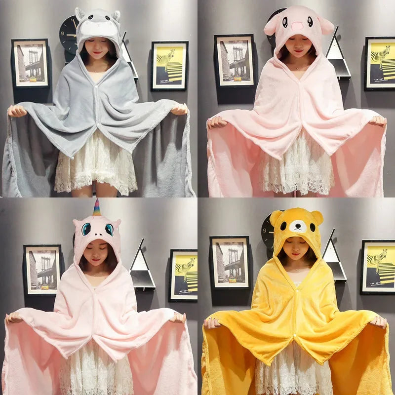 Cartoon Hooded Blanket Cape – Soft Flannel Wearable Shawl Blanket
