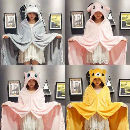 Cartoon Hooded Blanket Cape – Soft Flannel Wearable Shawl Blanket