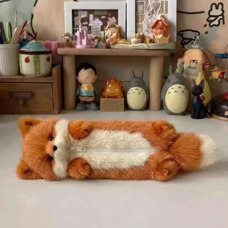 Kawaii Fox Plush Pencil Case - Fluffy Animal Zipper Pouch for School and Office, 2 Colors