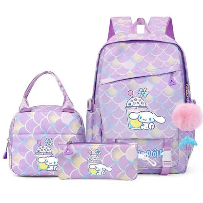 3PCS Cinnamoroll Fish Scale Backpack Set - Mermaid Pendant Lunch School Bag for Girls (17.7 in)