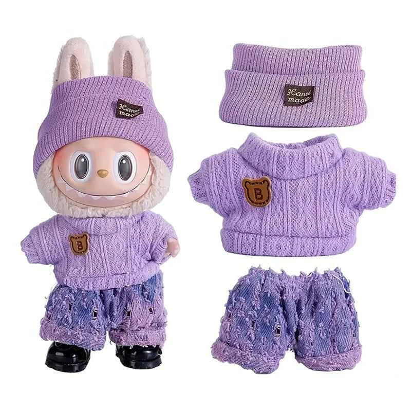 6.69inch Labubu Doll Clothes for buLabu with 3 Outfits - Stylish Fisherman Hat & Sweaters & Pants or skirt Set for 6.69inch Doll