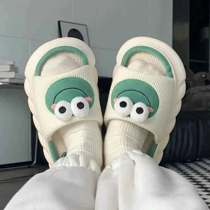 Frog Linen Slippers – Warm Indoor Home Slides with Thick Sole Anti-Slip for Women & Couples