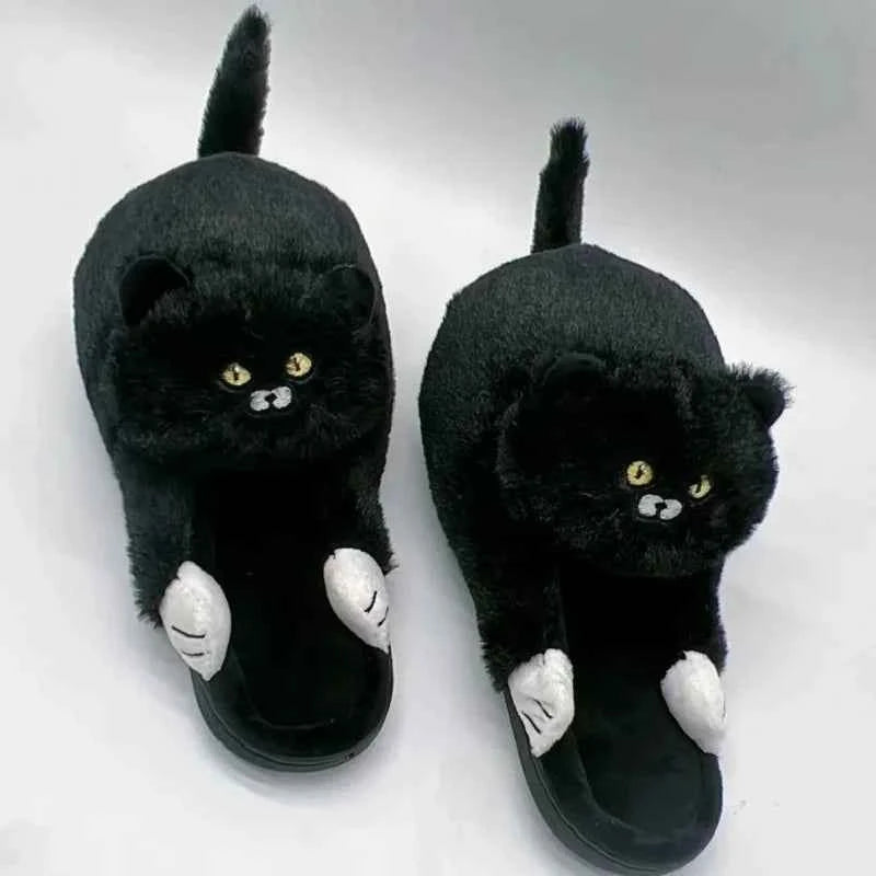 Cuddly Hug Cat Slippers Women Winter Home Fur Slides Kawaii Black One size fits all