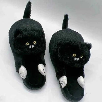 Cuddly Hug Cat Slippers Women Winter Home Fur Slides Kawaii Black One size fits all