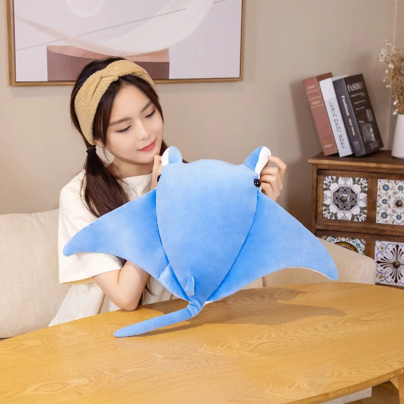 Kawaii Manta Ray Plush Pillow - Soft Stuffed Ocean Cuddle Toy and Gift, 2 Colors and 2 Sizes Blue