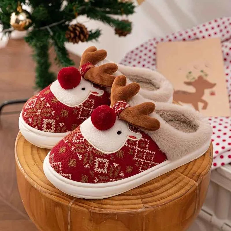 Cute Christmas Reindeer Slippers - Fleece-Lined Warm Indoor Fashion Slip-Ons